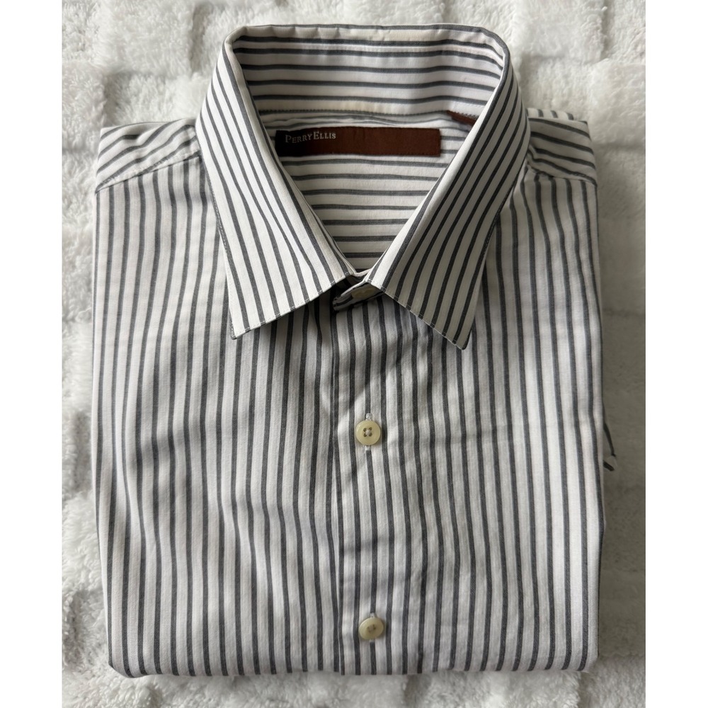 Perry Ellis Men White/Gray Striped Long Sleeve Cotton Button Down Shirt Sz L EUC